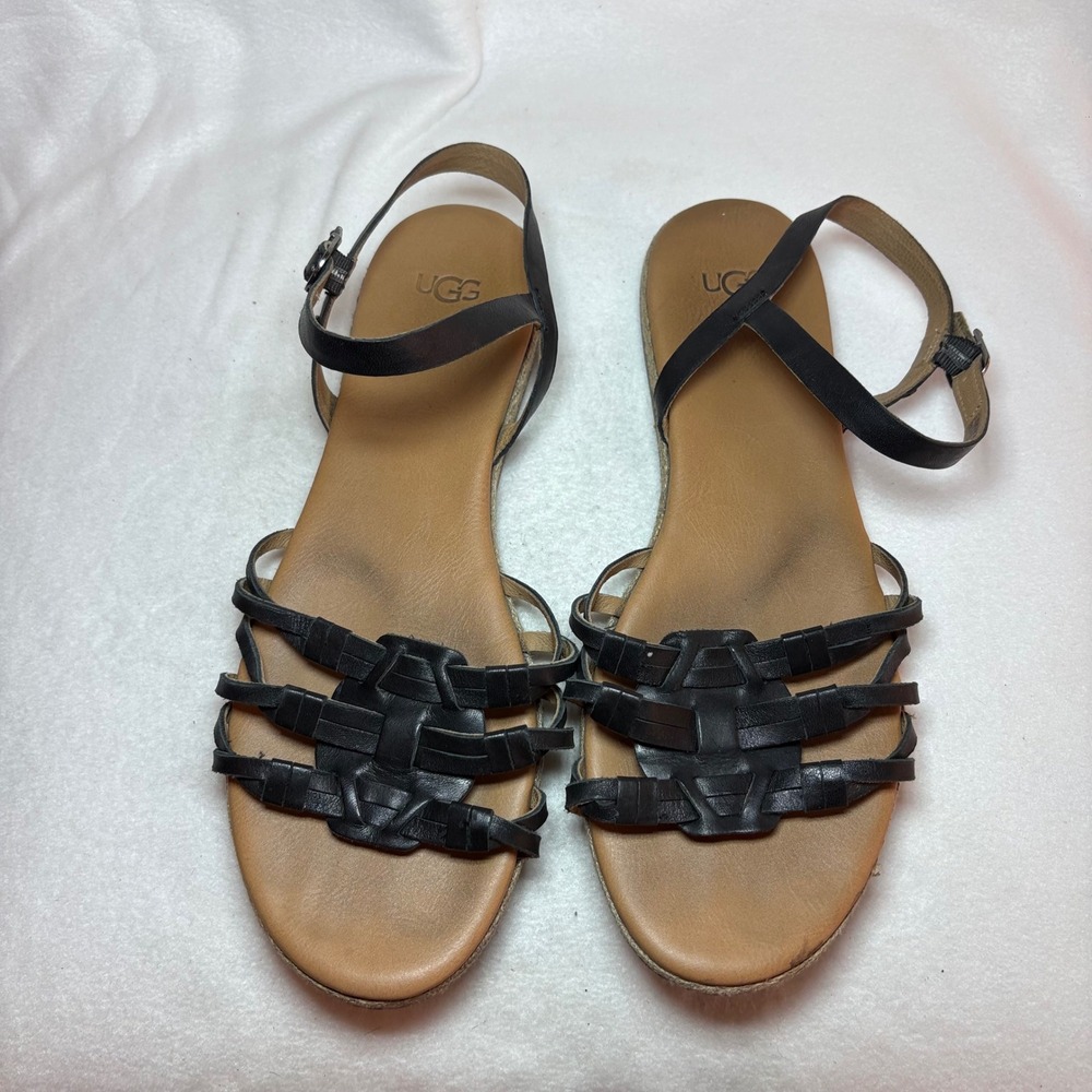 UGG Black Leather Strappy Woven Ankle Strap Flat Sandals Espadrille Trim